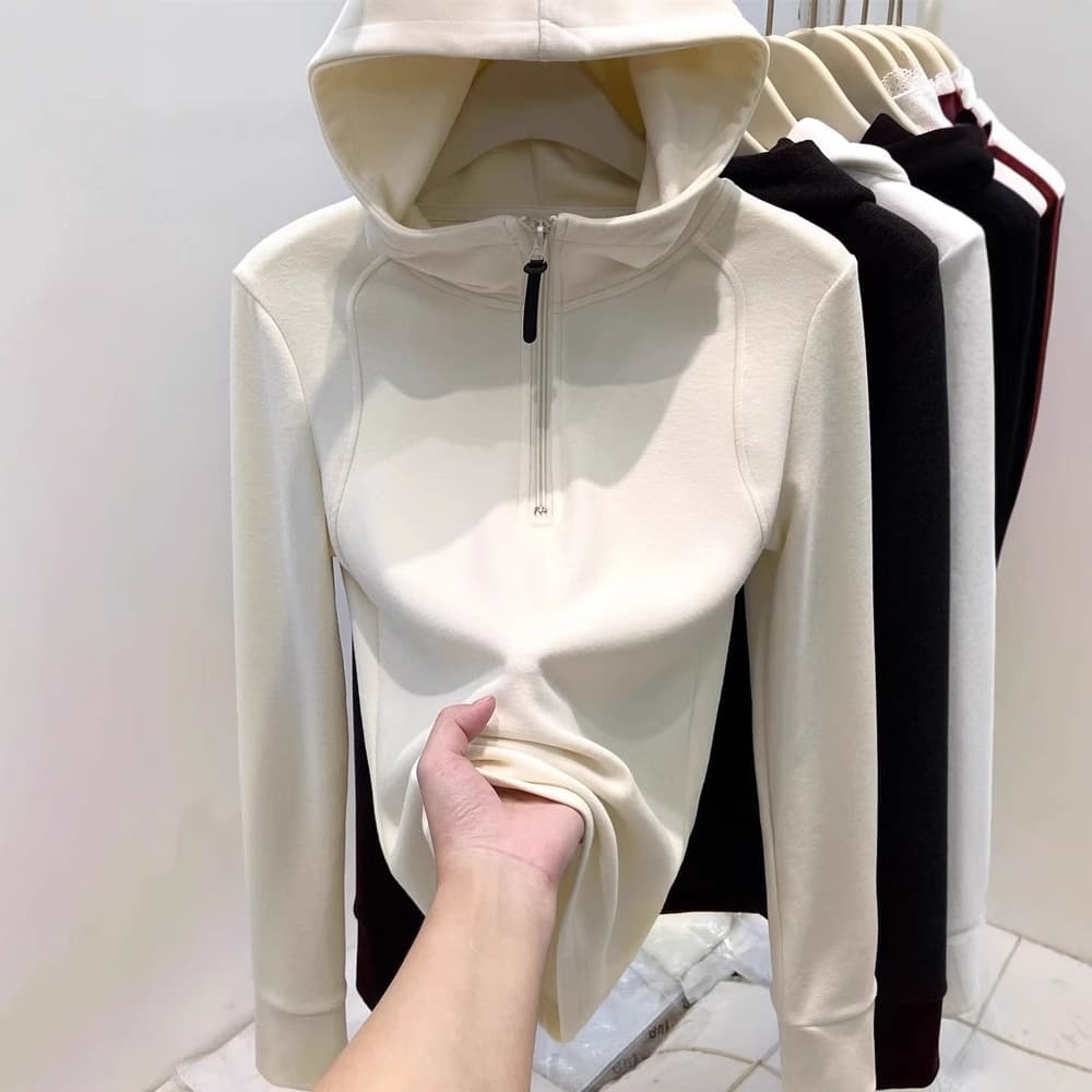New European style half-zip double-sided German fleece hooded sweatshirt for women, autumn and winter, fleece-lined, stylish base layer top.