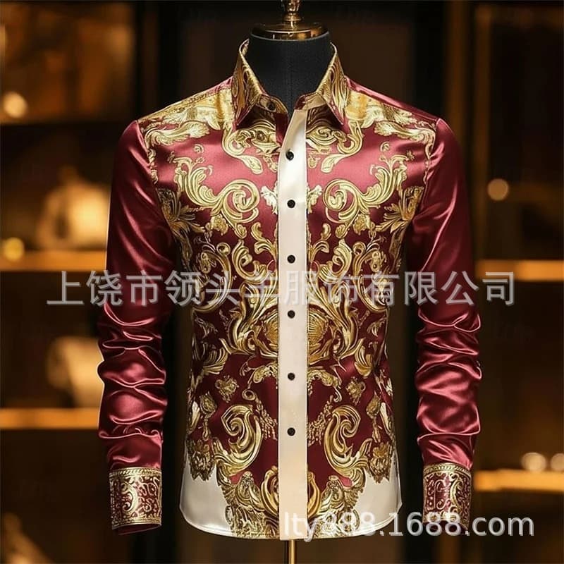 Cross-border Hot Selling Men's Wine Red Shirt Vintage Baroque Print Long Sleeve Formal Wear Factory Direct Supply