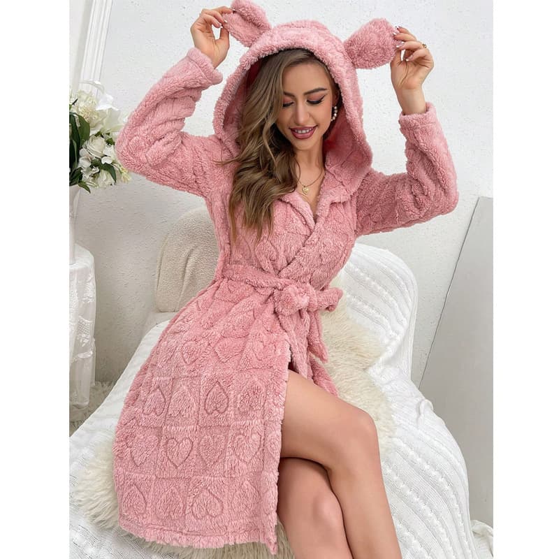 Cross-Border Thickened Warm Nightgown for Women in Autumn and Winter New European and American Style Coral Velvet Sweet and Cute Hooded Lace-Up Home Clothes