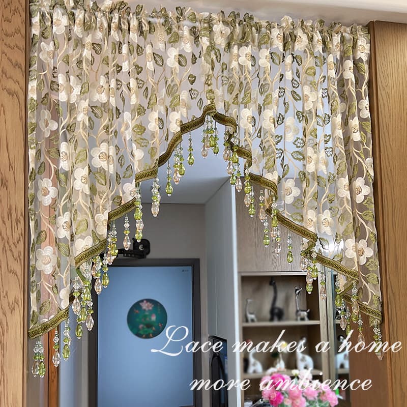 Heavy Craft Beaded Curtain, No-Drill Door Curtain, Lace Embroidery, Ambiance Half Arch Curtain with Beads, Bedroom Privacy Curtain