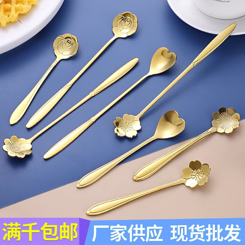 Stainless steel long-handled dessert spoon, cherry blossom spoon, creative coffee stirring spoon, high-value flower spoon, wholesale from manufacturer.