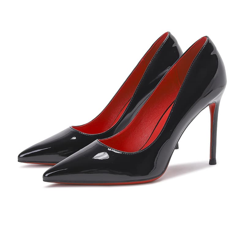 Dayaojia New Black Red Sole High Heels for Women, Thin Heel, Sexy, Versatile, Patent Leather, Pointed Toe, Shallow Mouth Single Shoes