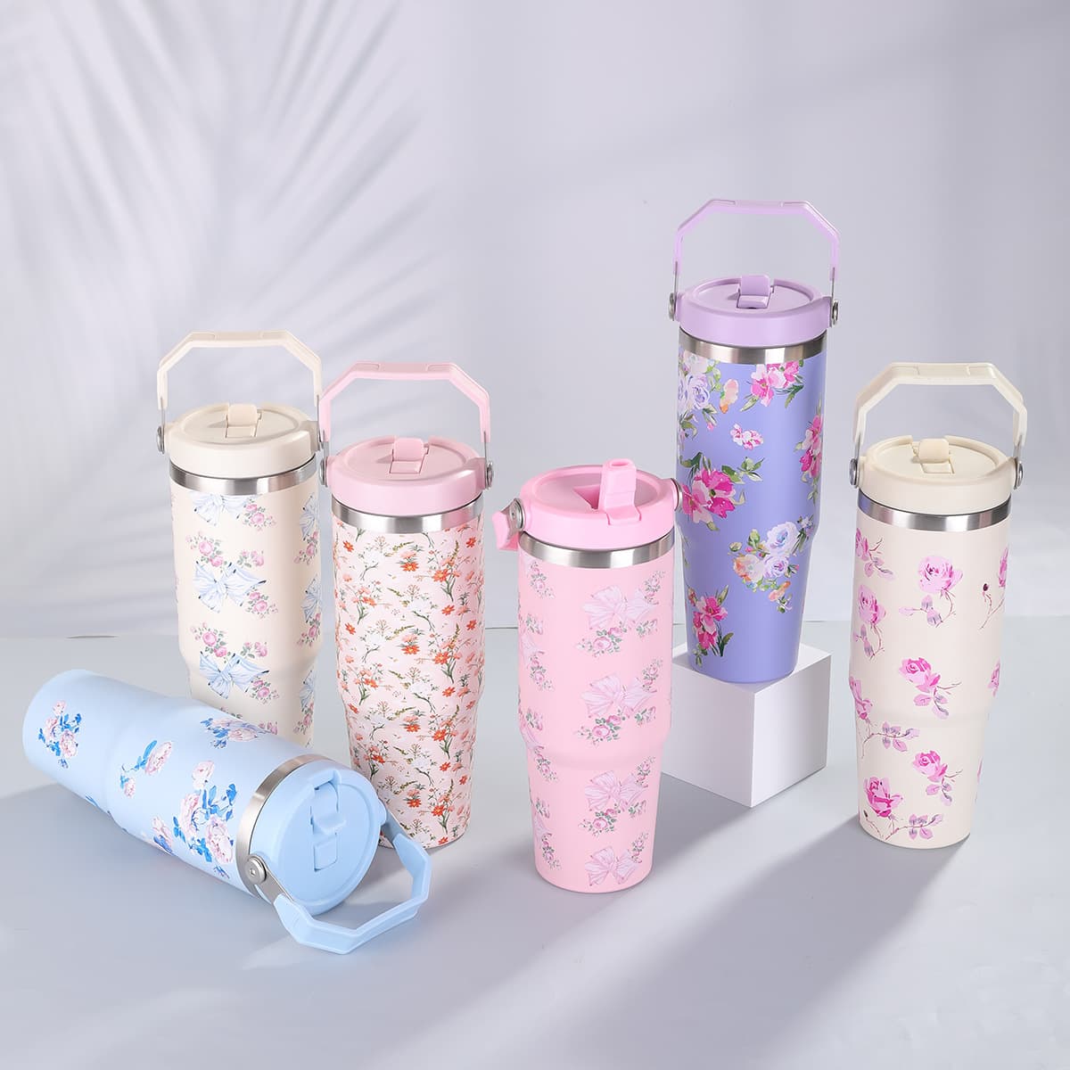 Cross-border 30oz Floral Handle Car Cup Giant 304 Stainless Steel Insulated Tumbler Ice King Cup Wholesale