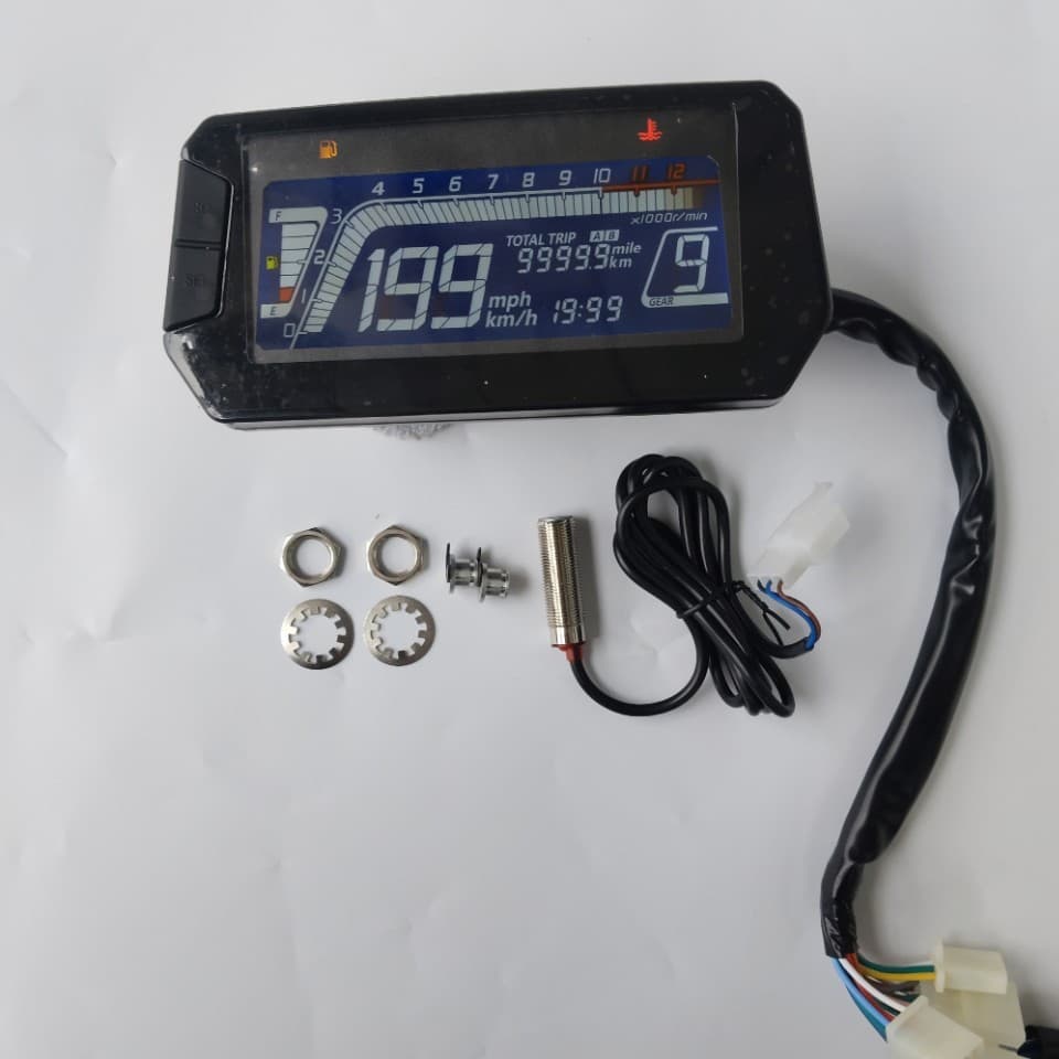 Motorcycle rider vehicle modification: digital LCD odometer, speedometer, and sensor cable set.