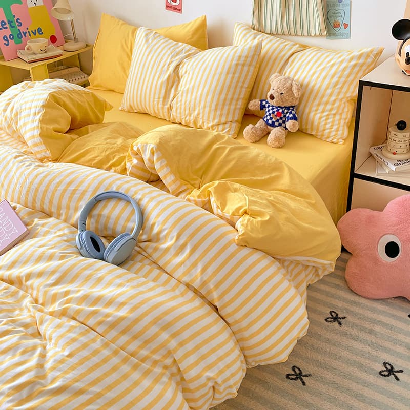 Dopamine Three-Piece Set Cross-Border Bedding Muji-Style Four-Piece Set Striped Washed Cotton Double-Layer Gauze Taiwan Fitted Sheet