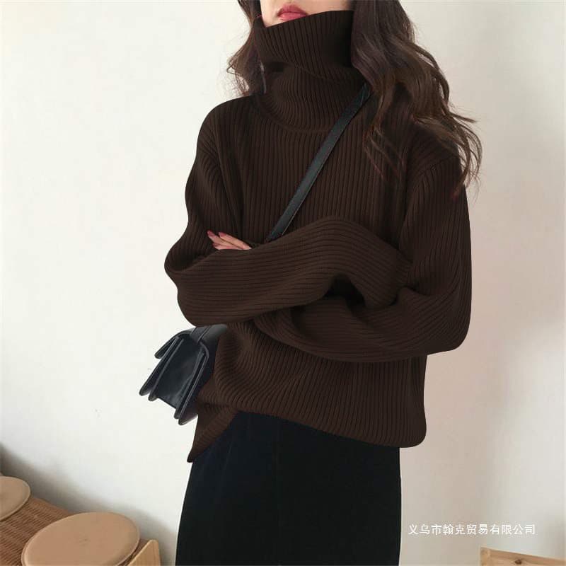 Turtleneck Coffee Color Sweater Autumn/Winter Thickened Lazy Loose Stylish Large Knit Base Layer Sweater Anti-Pilling