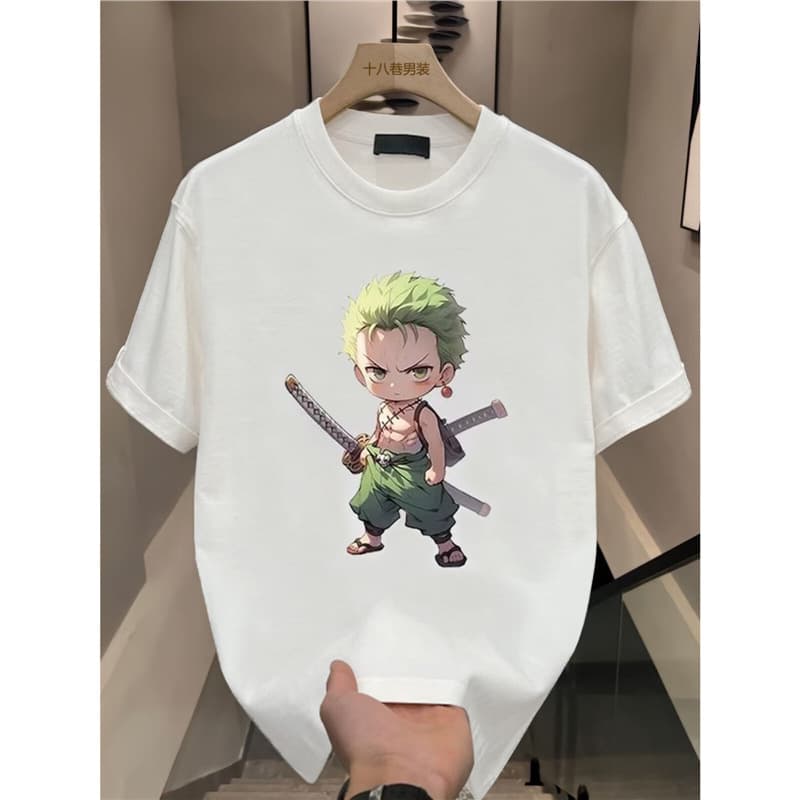 Japanese Anime One Piece Q-Version Zoro Merchandise Short Sleeve Men's Autumn Teen Student Crew Neck T-Shirt Top Trendy