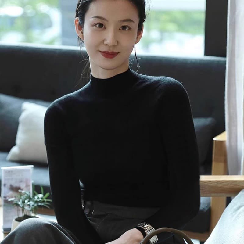 French Style Black German Velvet Half Turtleneck Base Layer Top for Women, Autumn Winter Inner Wear, Regular Shoulder, Slim Fit, Premium Feel, Mid Neck Top