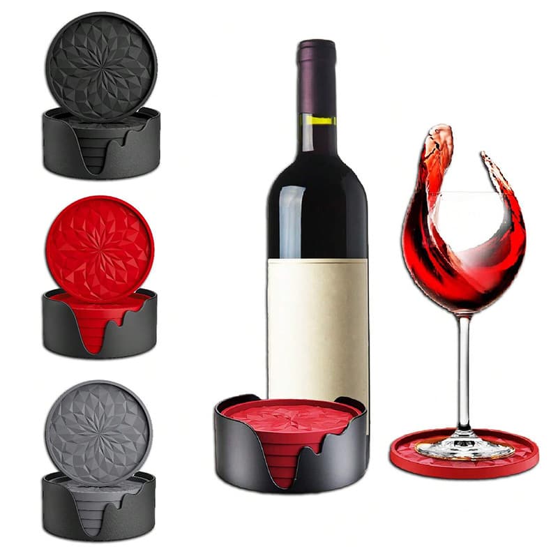Cross-border Silicone Coasters 6-Piece Set with Holder - Drink Wine Glass Coasters, Thickened Non-Slip Diamond Non-Stick Tray