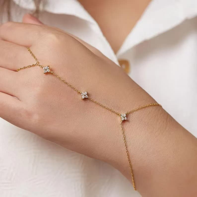 Trendy Fashion Minimalist Rhinestone Ring and Connected Bracelet Set for Women