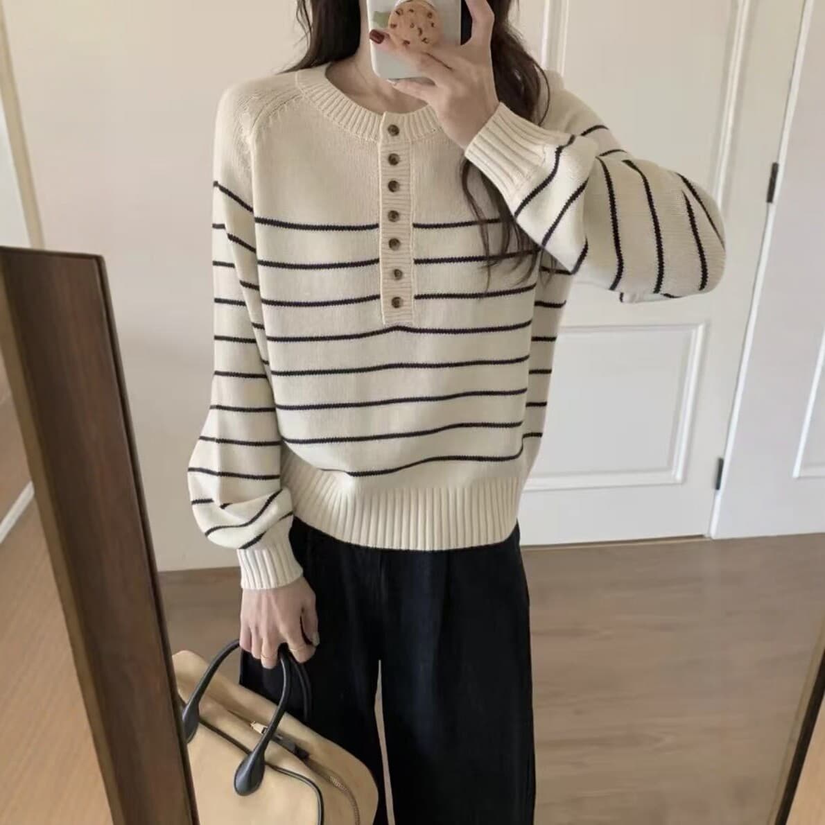 Korean-style Half-button Striped Knit Sweater for Women, Autumn Loose Cozy Versatile Slimming Round Neck Long-sleeve Top