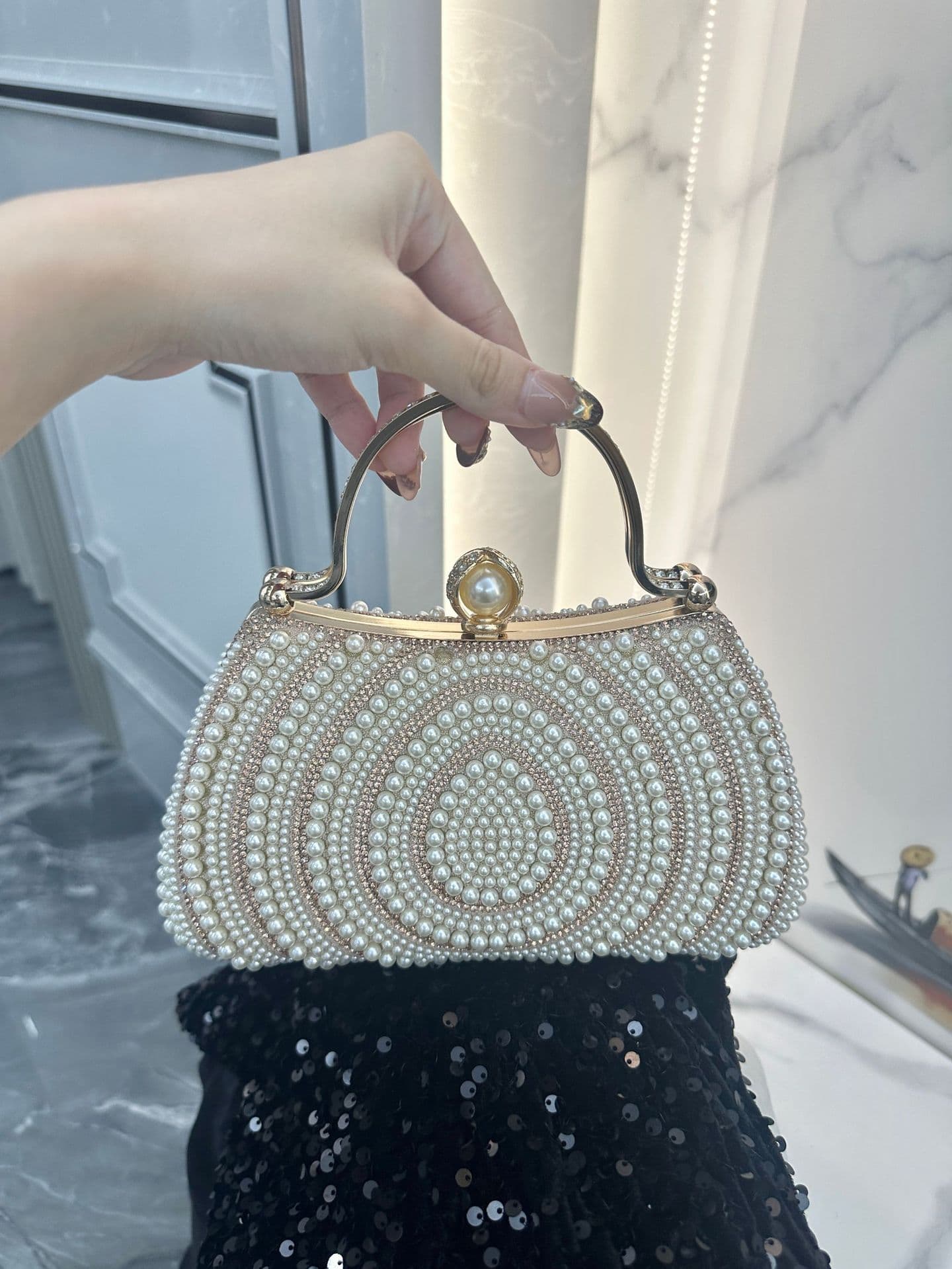 New European and American Women's Banquet Dress Rhinestone Handbag Pearl Evening Bag Shoulder Crossbody Clutch Wallet