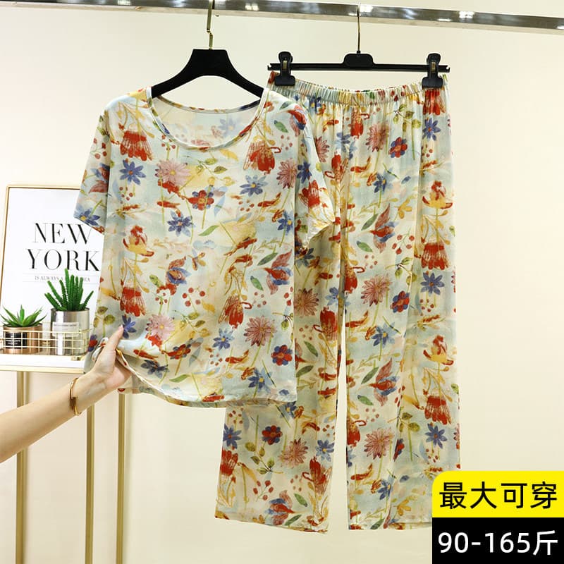 Women's Summer Cotton Silk T-Shirt and Long Pants Set, Cool-Touch Short Sleeve Pajamas, Loose Rayon Loungewear Two-Piece Set