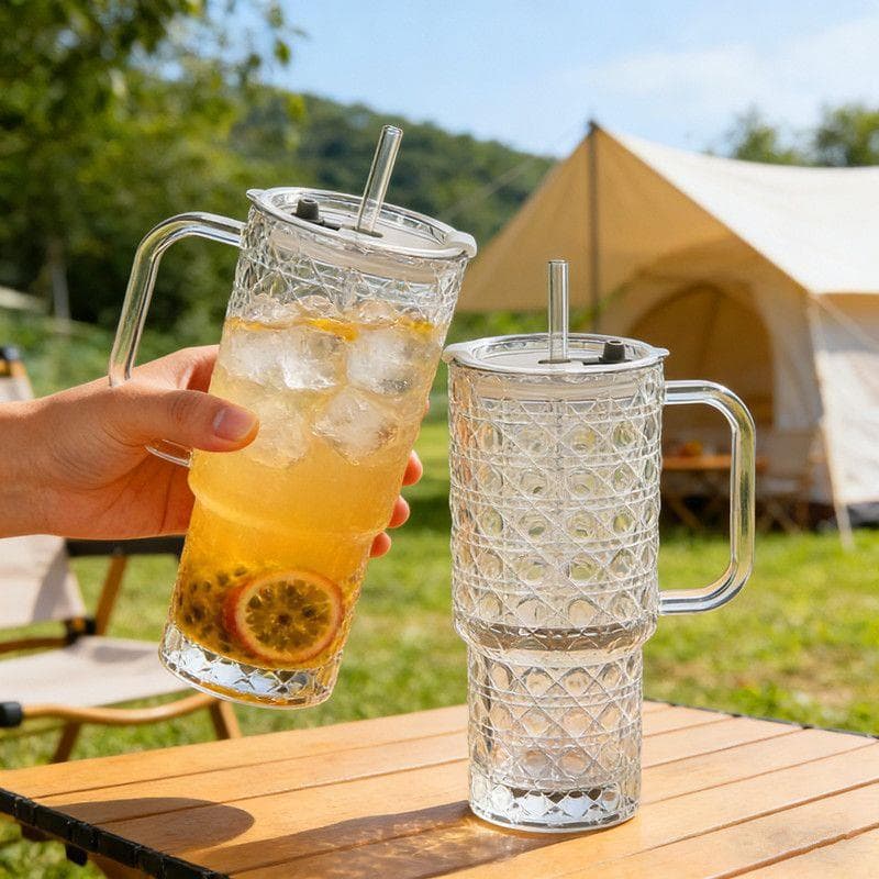 Large Capacity Handle Straw Glass Cup, High Appearance Office Water Cup with Lid, American Coffee Cup, Coffee Tea Cup