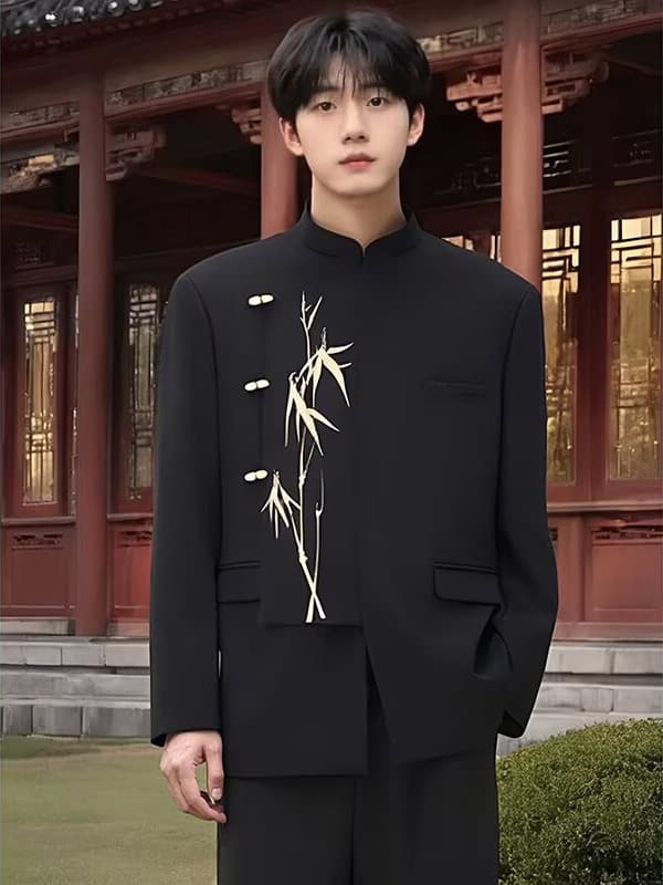 New Chinese Style Men's Ceremonial Suit Irregular Wedding Suit Set National Style Stand Collar Gold Bamboo Embroidery Zhongshan Suit