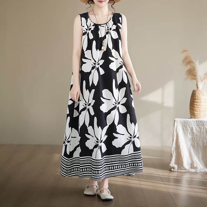 Cotton Silk Dress Summer New Plus Size Loose Beach Sleeveless Mother Long Dress Vacation Vest Dress Slimming