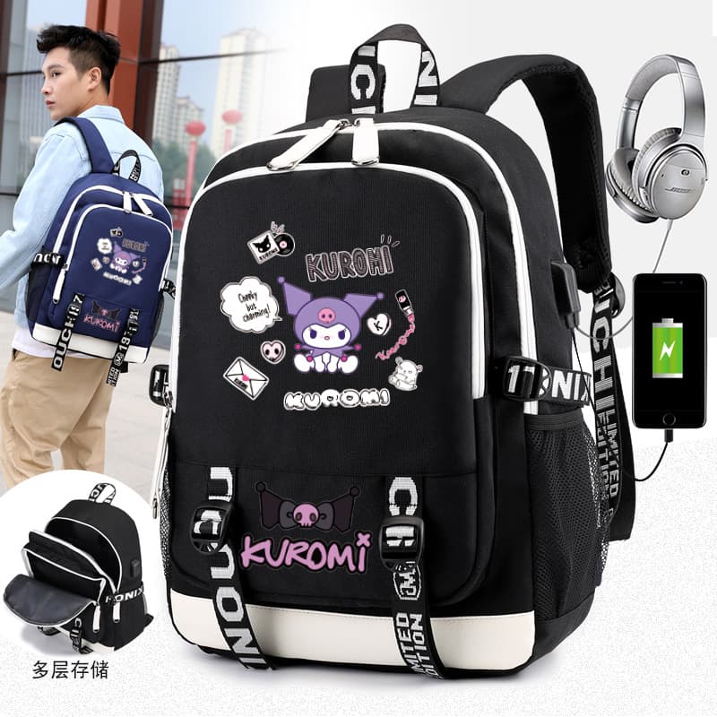 New Kuromi Backpack for Women Large Capacity Student School Bag USB Charging Cute Cartoon Casual Backpack