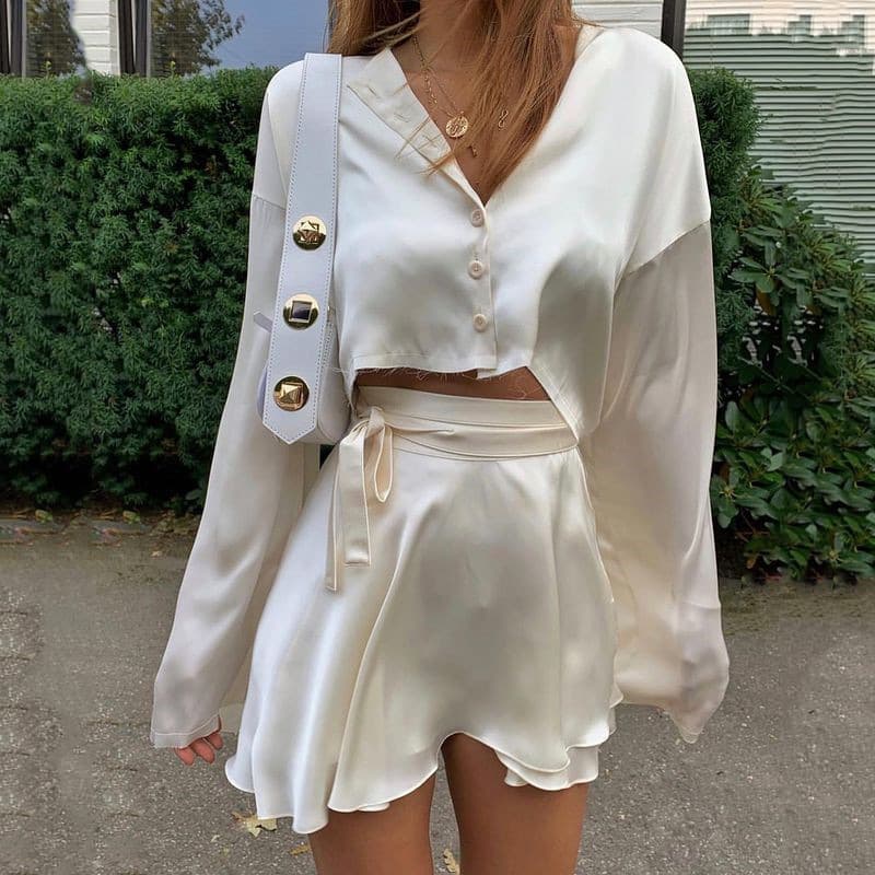 2023 Summer New European and American Women's Clothing Solid Color Sexy High Waist Tie Skirt Long Sleeve Button Cardigan Top Set Suit