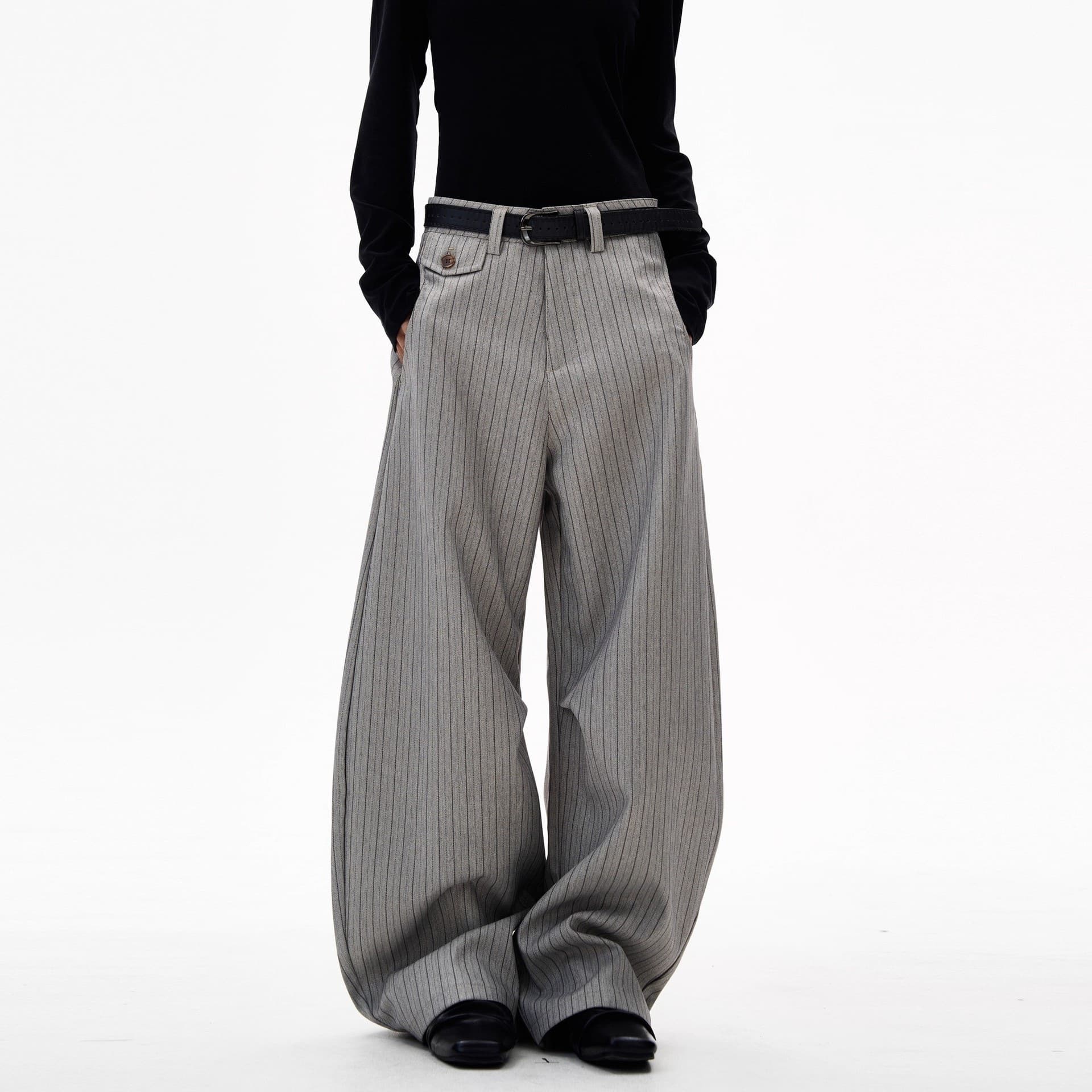 American Old Money Style Striped Dress Pants for Men and Women, Flowy Loose Fit Curved Leg Casual Suit Trousers Couple