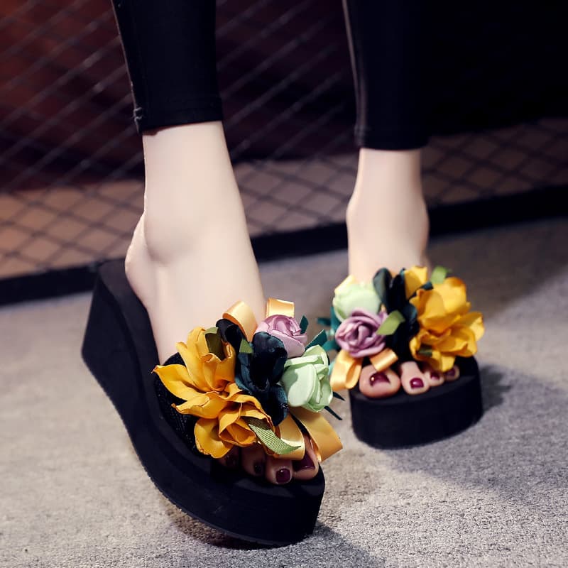 (Selected) Women's summer slippers, thick-soled platform wedges, non-slip, fashionable outerwear, high-heeled women's vacation slippers