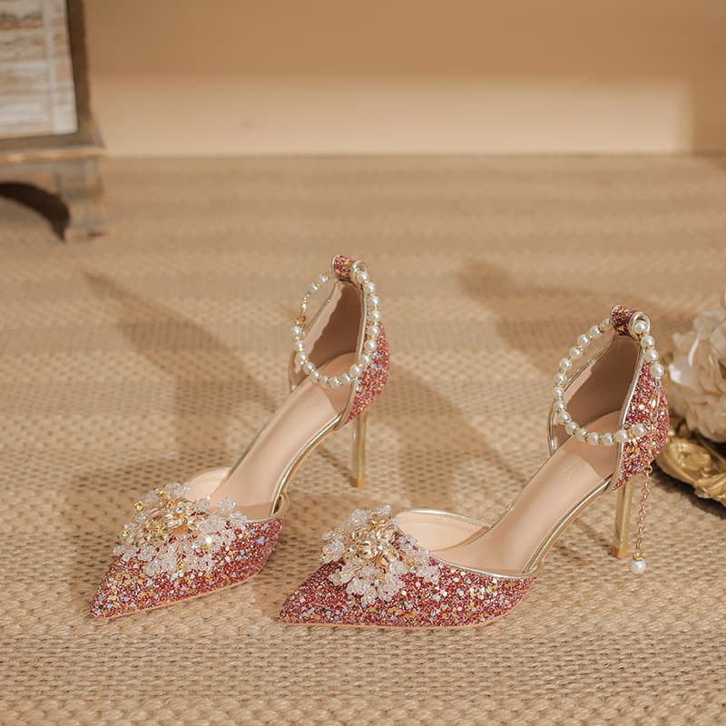 Red Shallow Mouth Sequins Thin Heel Rhinestone High Heels for Women Elegant Celebrity Versatile Hollow Out Shoes Fashion Celebrity Single Shoes