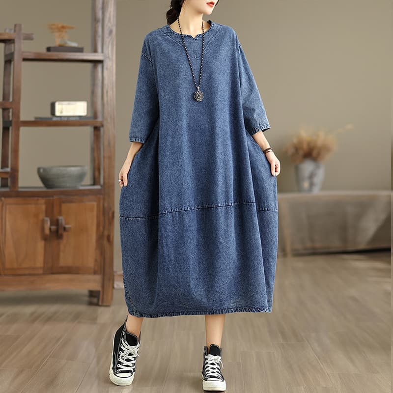 Retro sleeve denim dress early spring new style literary large size loose women's casual slimming long skirt