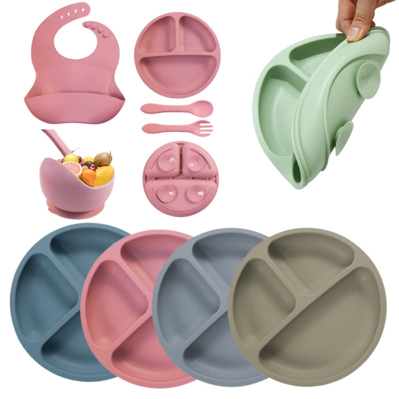 Popular silicone children's dinner plate tableware round three-compartment baby dinner plate with suction cup anti-fall baby dinner plate