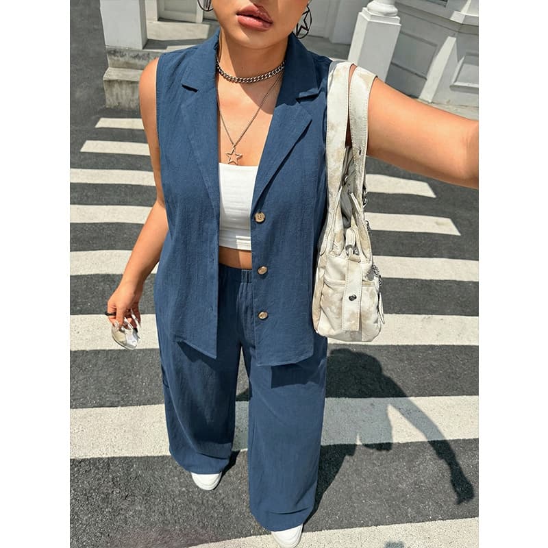 AliExpress Summer New Commuter Plus Size Set Premium Navy Sleeveless Suit Vest Wide-Leg Pants Set