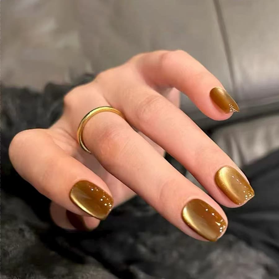 Solid Gold Cat Eye High-End Texture Elegant Mature Style Short Nail 30-Piece Press-On Nails