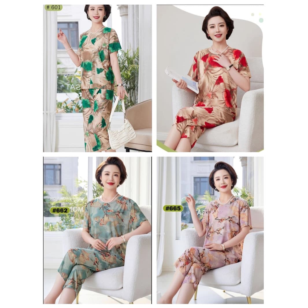 Summer Ice Silk Pajama Set for Middle-aged and Elderly Women, Short Sleeve Two-piece Homewear, Plus Size Loose and Comfortable