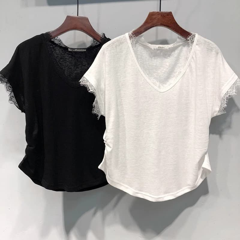 V-Neck Lace Trim Short Sleeve T-Shirt for Women Summer 2025 New Loose Korean Style Base Tee Regular Shoulder Half Sleeve Top Fashion