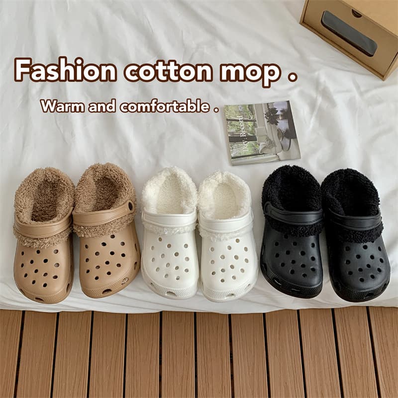 Fleece-Lined Clog Sandals Women Detachable Winter EVA Warm Thick Cotton Slippers Outdoor Couples Closed-Toe Cotton Shoes Women