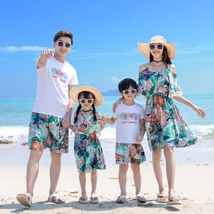 Beach Family Matching Summer Vacation Stylish Casual Wear for Three or Four, Flared Sleeve Off-Shoulder Midi Dress