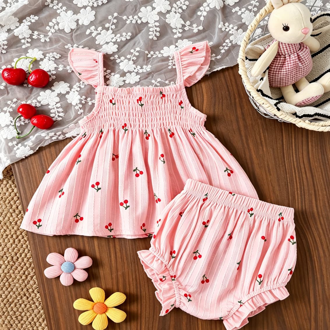 Baby Girls Clothes 0-2Y Summer Flying Sleeve Cherry Dress Top + Bodysuit 2-Piece Set