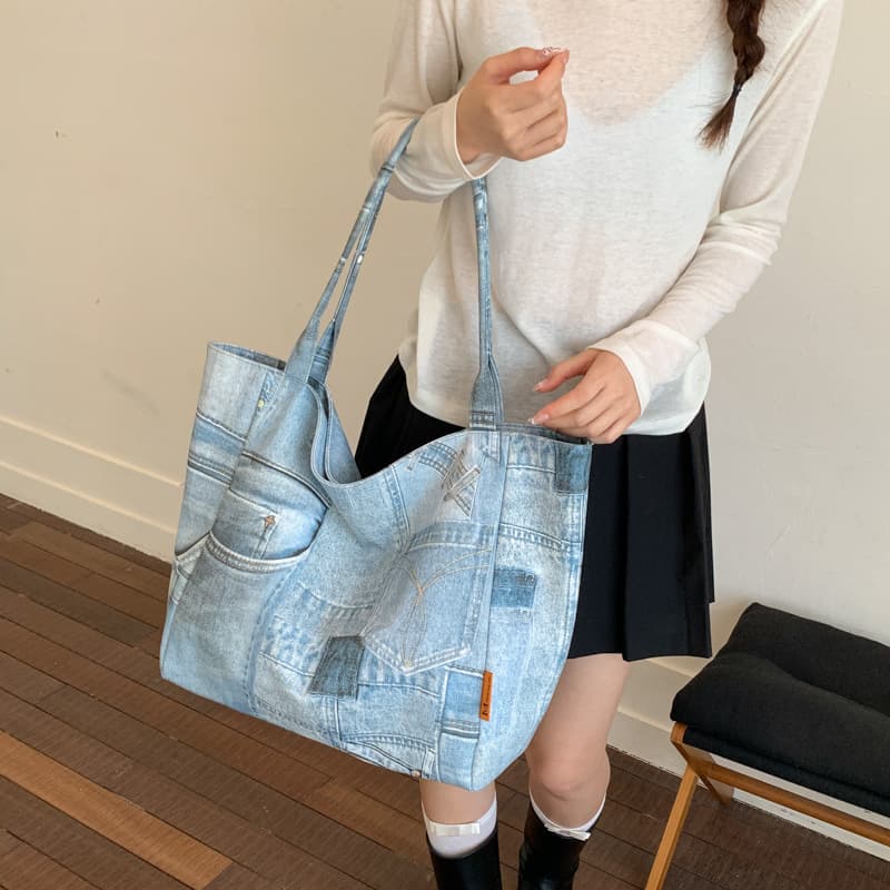 Korean-style trendy women's bag, new casual slouchy large-capacity shoulder and handbag, denim tote bag