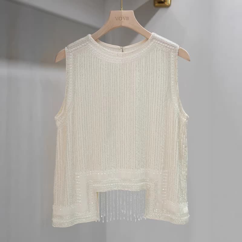 European and American new fashion temperament sexy lady tops heavy industry beading pearl beading camisole for women 802