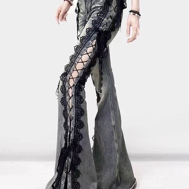 American Retro Lace-Up Split Jeans for Women, Slim Fit, High-Waisted Flared Trousers