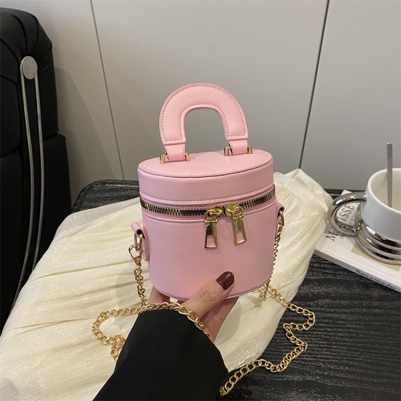 Korean style double zipper fashion cylinder bag mini chain shoulder bag retro crossbody bag for women simple literary handbag
