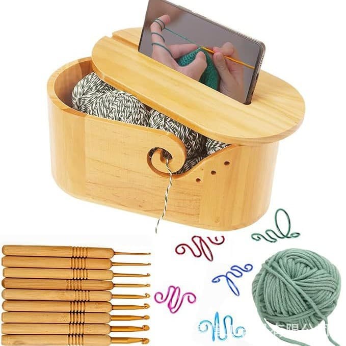 Wooden Yarn Bowl for Hand Knitting, Spool Holder Storage Box, Solid Wood Crochet Yarn Organizer