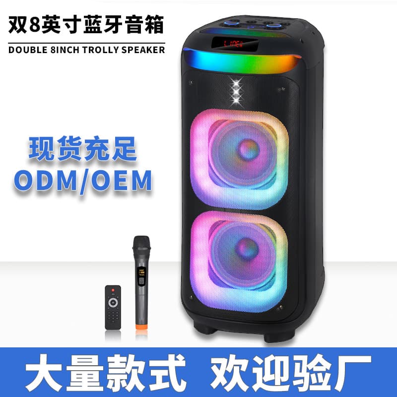 Dual 8-inch Wireless Bluetooth Speaker Mobile Cart RGB Colorful Lights High Power Heavy Bass Sound System