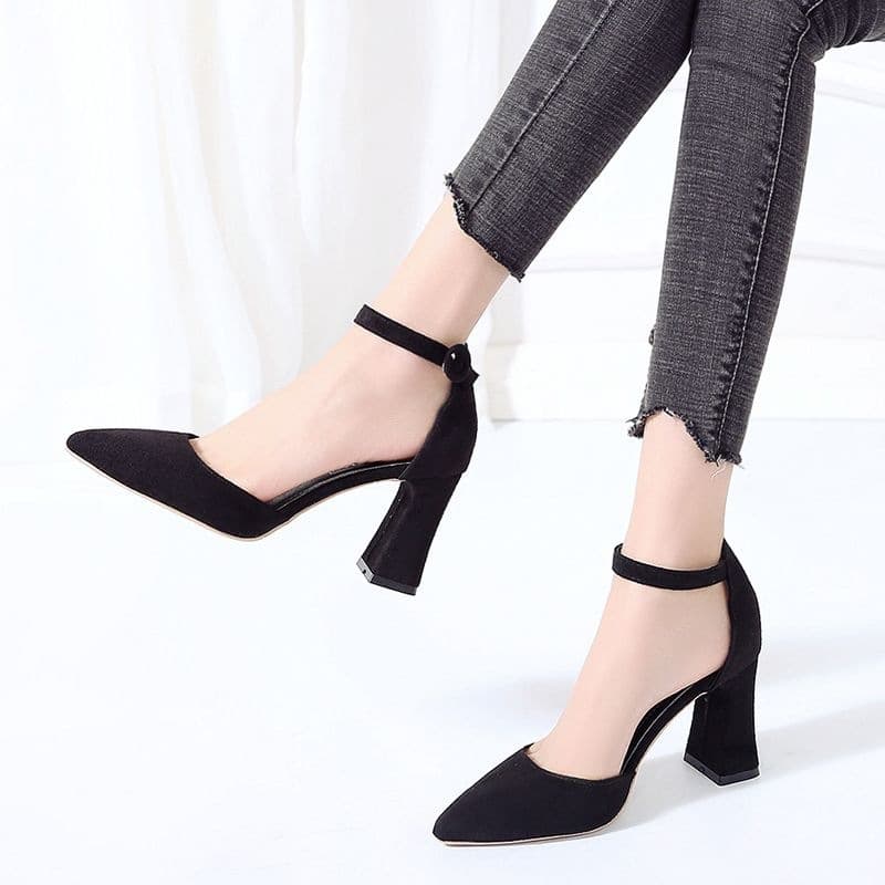 Professional Single Shoes 201 Chunky Heel Spring Summer One-Strap Buckle Sandals Hollow Black Women Suede 8cm High Heels Pointed Toe 9
