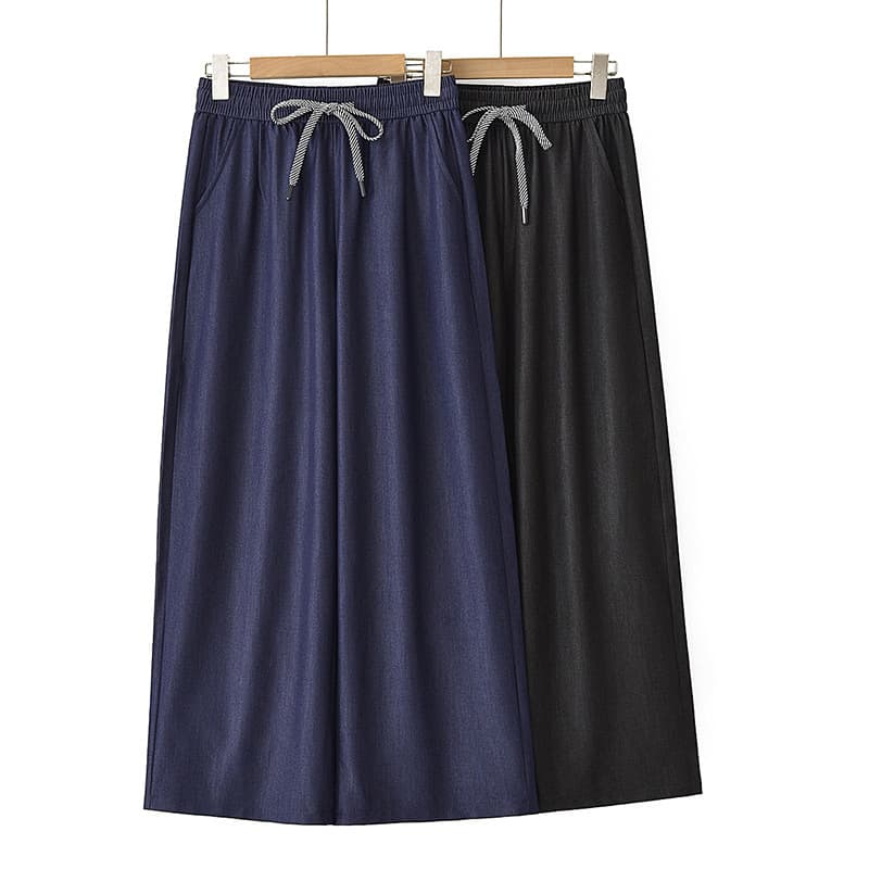 Summer Women's Ice Silk Soft Denim Wide Leg Pants, Mom Pants, Solid Color Drawstring Pants, Versatile Breathable Straight Leg Thin Pants