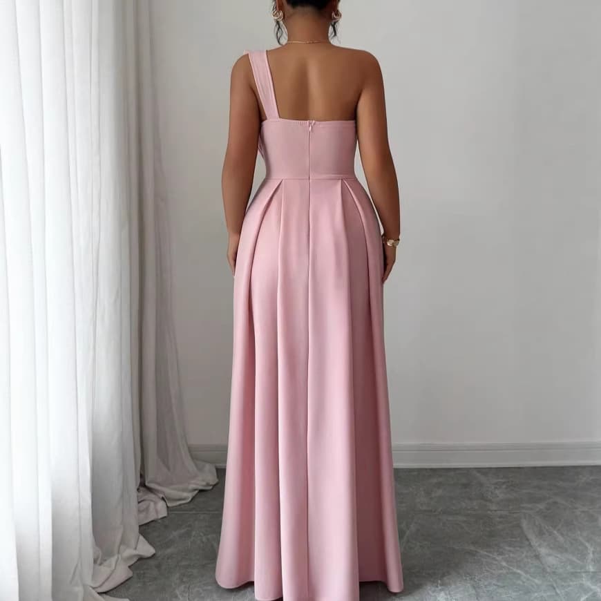 European and American Cross-Border Satin One-Shoulder Bow Long Dress High-Waist Slimming Flared Evening Gown Celebrity Style Dress