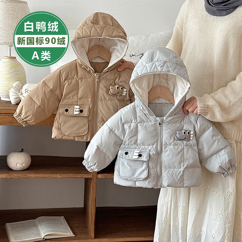 Infant down jacket winter hooded outdoor clothing for boys and girls super cute cartoon dinosaur white duck down jacket