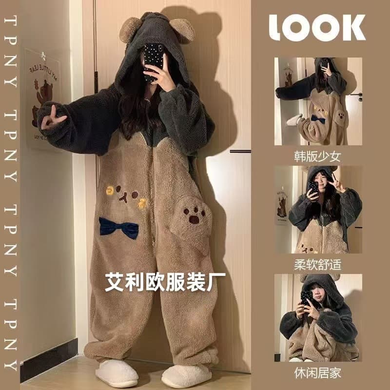 Cross-Border Amazon Bear Pajamas, Thick Coral Fleece, Cute One-Piece Pajamas, Cartoon Home Wear for Girls, Sleep Robe