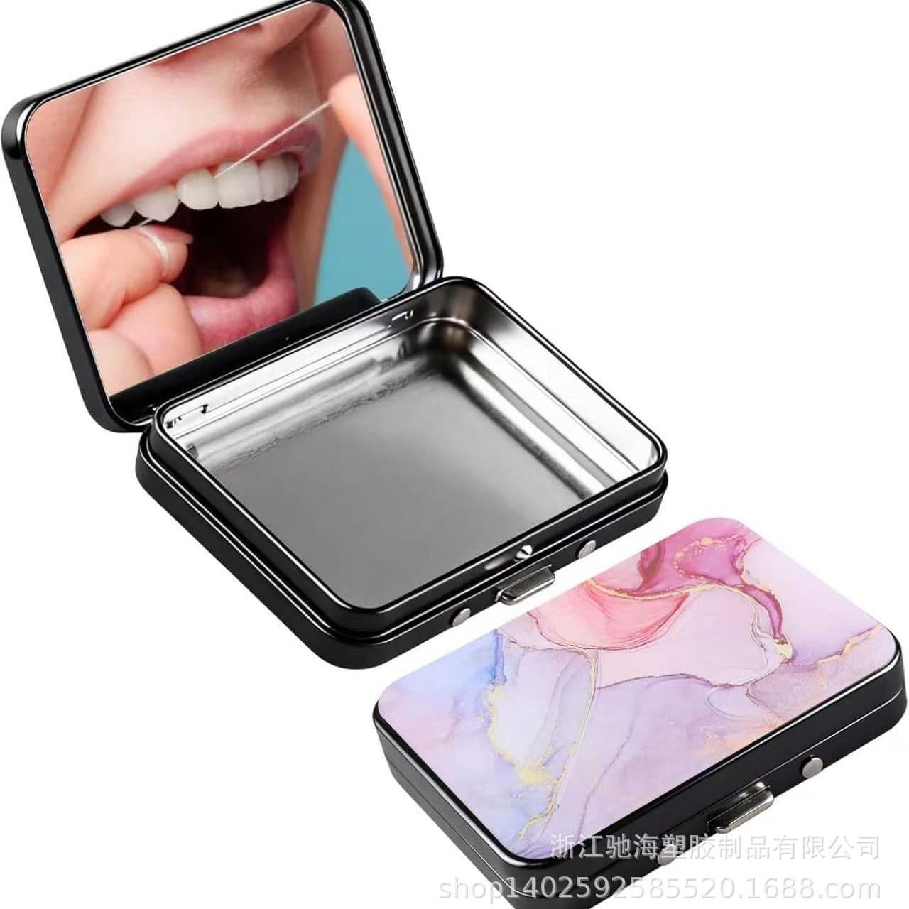 Travel accessories storage box, data cable/dental floss/cotton swab classification marble pattern storage box with mirror