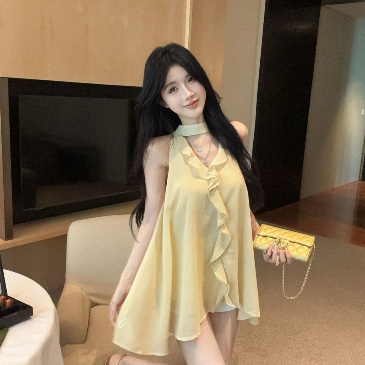 Summer new salt style yellow top women's French ruffle design collar scarf streamer chiffon shirt