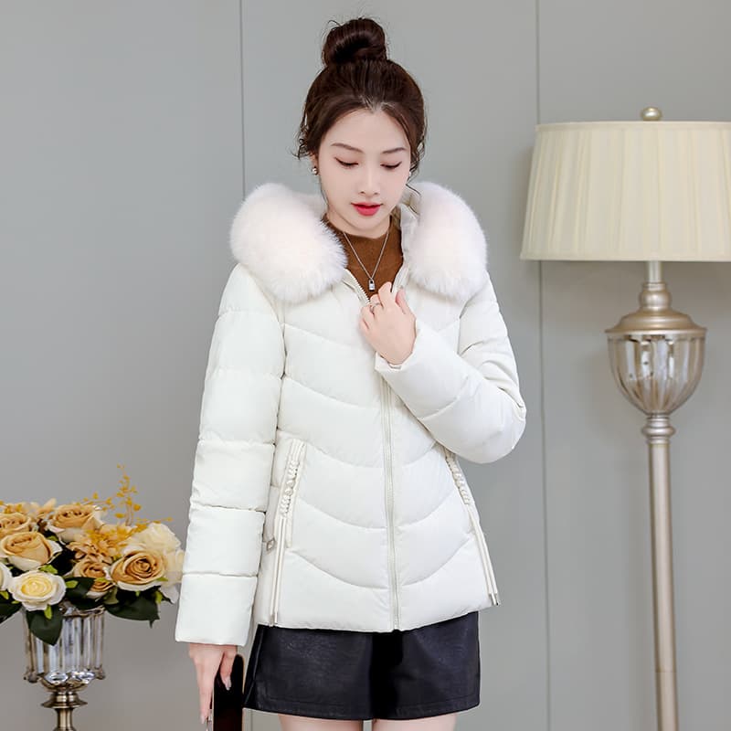 Women's Fur Collar Down Jacket - Short, Slim Fit, Winter Coat with Large Fur Collar