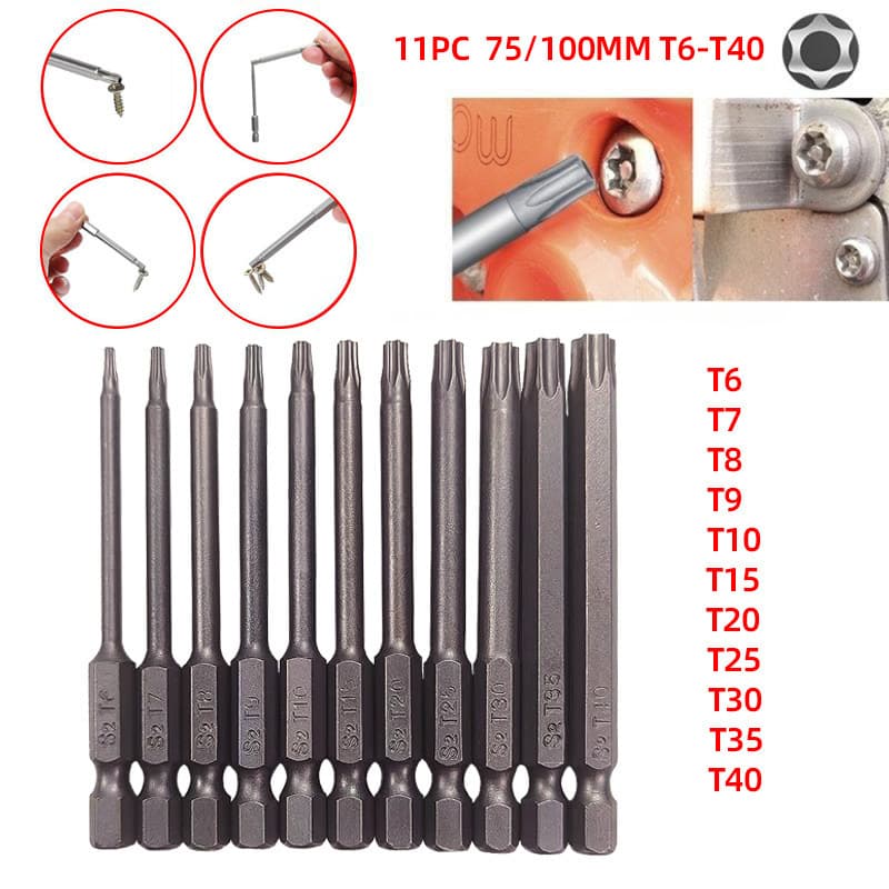 Hexagonal shank hollow Torx screwdriver bits, 50mm, 75mm, 100mm bit sets with holes, magnetic.