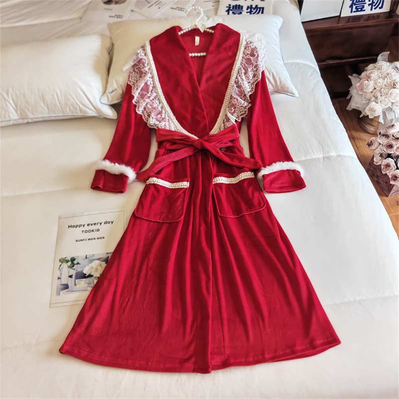 Island Velvet Nightgown Women's Spring Autumn and Winter Fleece-Lined Warm Sexy Pure Style Lace Strap Long Nightgown Home Clothes